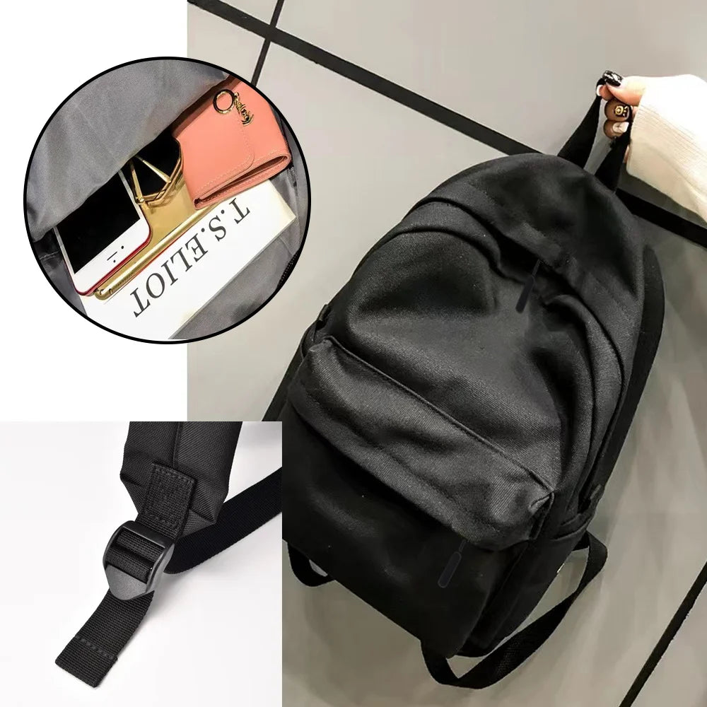 Canvas Black Backpack, Light Simple Travel Bag